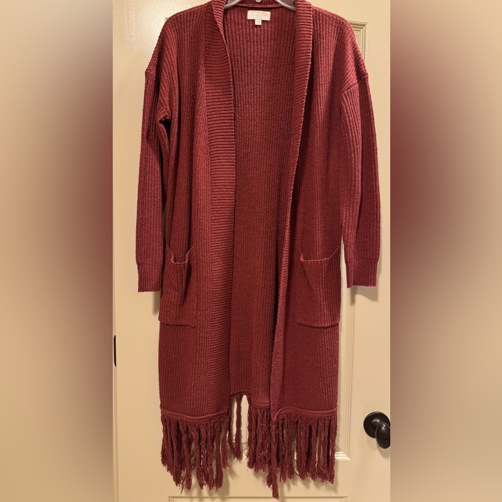Mud Pie maroon knit, long, open sweater with fringed bottom. Size S/M.